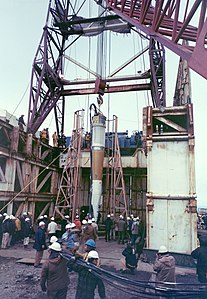 Nuclear device for the Cannikin nuclear test is prepared, by the United States Atomic Energy Commission (restored by Kylesenior and Bammesk)
