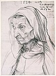 Portrait of the Artist's Mother at the Age of 63, spring 1514, charcoal on paper, 42.2 × 30.6 cm, Kupferstichkabinett Berlin (KdZ 22)