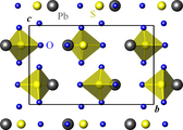 Structure de l'anglésite, projetée sur le plan (b, c). Gris : Pb, jaune : S, bleu : O.