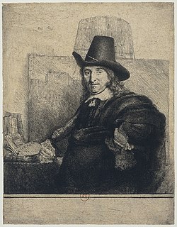 Rembrandt, Jan Asselijnin muotokuva, n. 1647, 21,8 × 17 cm, etsaus paperille, Rijksmuseum, Amsterdam.