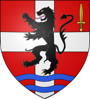 De gueules à croix d'argent, au lion de sable armé d'or et lampassé de pourpre, au glaive d'or au canton sénestre du chef, à deux fasces ondées d'azur dont une divise en pointe