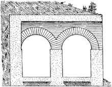 Dessin d'une coupe sur une double arcade en plein cintre.