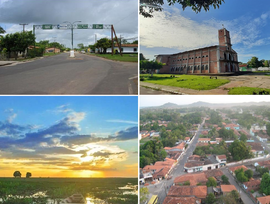 De cima para baixo, da esquerda para a direita: A entrada da sede da cidade; A Igreja Matriz de Nossa Senhora do Rosário; Paisagem dos campos alagados; Vista aérea da sede do município.