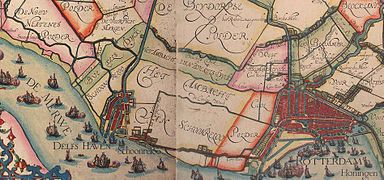 Rotterdam (à droite) et sa rivale Delfshaven (à gauche, plus en aval) en 1611.