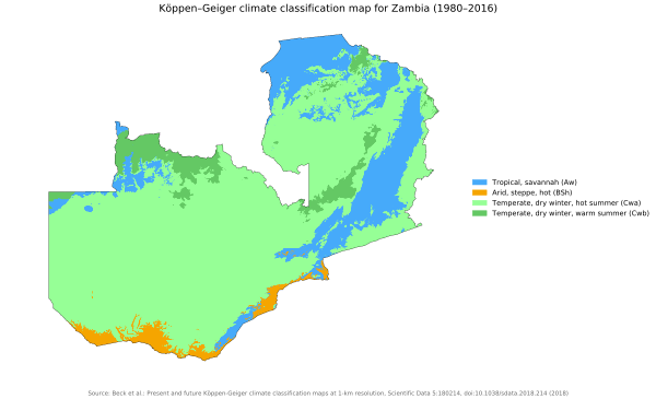 Zambia's Koppen-Geiger Map, present day