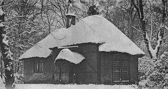 Lady Jane's cottage in the snow. Circa 1904