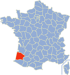 Carte de France divisée par département, où le département des Landes est mis en valeur