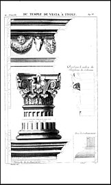 Roman Corinthian capital of the Temple of Vesta, Tivoli, Italy, with an oversized fleuron (flower) on the abacus, probably a stylized hibiscus blossom with spiral pistil, compressed acanthus rows, and flutes squared at the top, rather than rounded as on a standard Corinthian column, 1st century BC