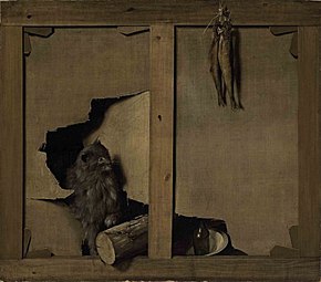 Un trompe-l'œil avec un chat et une bûche de bois à travers une toile, Paris, collection particulière.