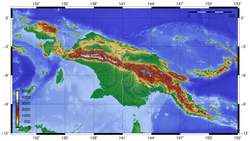 Topographic map of New Guinea. The New Guinea Highlands are the large mountain chain crossing almost the entire island