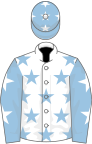 White, light blue stars, light blue sleeves, white stars and stars on cap