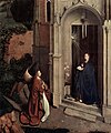 Cercle de van Eyck (Petrus Christus), L'Annonciation Friedsam, Metropolitan Museum of Art ; le côté droit du portail est dans le style roman (symbolisant l'Ancienne Alliance), et la gauche dans le style gothique (Nouvelle Alliance). Le jardin est en friche, et le mur d'enceinte écroulé.