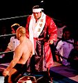 Professional wrestler Shinya Hashimoto seen wearing a plain white hachimaki, a staple of his entry costume.