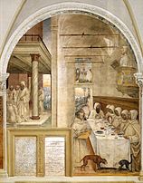 ارتدى الرهبان البندكتيون (حوالي 480–542م) ثياباً بيضاء أو رمادية من الصوف غير المصبوغ كما هو واضح في لوحة الفنان إل سودوما (1504م) عن حياة الرهبنة البندكتية.