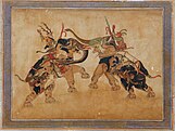 Composite miniature painting of an elephant fight