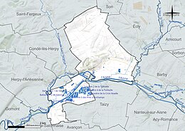 Carte en couleur présentant le réseau hydrographique de la commune