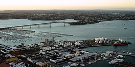 A view of the Waitematā Harbour, looking north-west towards the Auckland Harbour Bridge