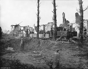 Australian 17th Light Railway Operating Company ballast train near Ypres pulled by Cooke 2-6-2 tank locomotive # 1217.