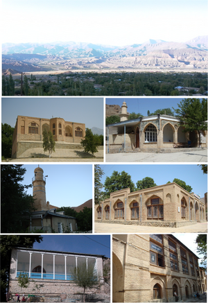 Landmarks of Ordubad, from top left: Panorama view of Ordubad and mountain range area • Juma Mosque Huseyinuh Mosque • Dirnis Mosque Geysarriya Monument • Ambaras Mosque Sarshahar Mosque