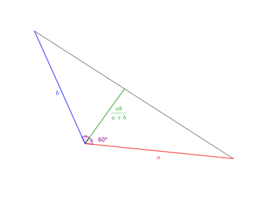 Dans un triangle tel qu'un angle entre deux côtés de longueurs '"`UNIQ--postMath-00000029-QINU`"' et '"`UNIQ--postMath-0000002A-QINU`"' mesure '"`UNIQ--postMath-0000002B-QINU`"', la longueur de la bissectrice est de '"`UNIQ--postMath-0000002C-QINU`"'