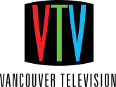 In a black shape designed to look like a TV screen, red, green, and blue letters "VTV" in a condensed sans serif. Beneath are the words "Vancouver Television" all caps, slightly widely spaced, in a condensed sans serif.