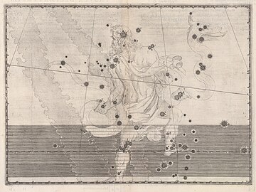 ヨハン・バイエル『ウラノメトリア』(1603) に描かれたへびつかい座の星図。蛇遣いは読者に背を向けた姿で描かれ、ヘビはシルエットとして描かれている。