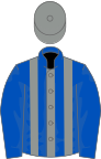 Royal blue and grey stripes, royal blue sleeves, grey cap