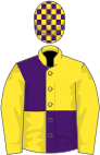 Yellow and purple quartered, yellow sleeves, check cap