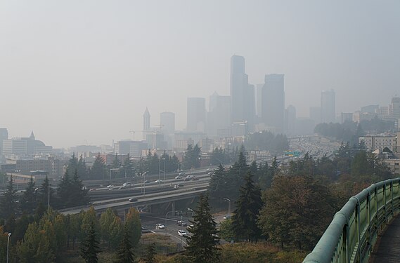 Air pollution obscuring the skyline of Seattle, Washington on September 11