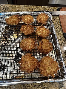 Tray of cooked latkes