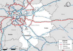 Carte du réseau routier national (autoroutes et routes nationales) dans le département de Seine-et-Marne