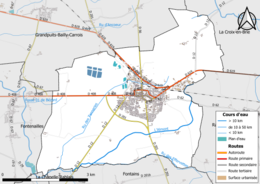 Carte en couleur présentant le réseau hydrographique de la commune