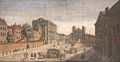 Whitehall, looking south in 1740: Inigo Jones' Banqueting House (1622) on the left, William Kent's Treasury buildings (1733–37) on the right, the Holbein Gate (1532, demolished 1759) at centre.