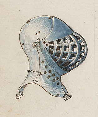 A late-period great bascinet for tournament use. The skull and back gorget are formed in one piece, and there are strapping points to secure the helmet to the cuirass.