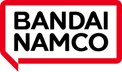 Logo for Bandai Namco Holdings. It consists of the text "BANDAI NAMCO" in black, on a open red chat box overlapping background.