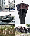 Image 52Clockwise from top left: The central street of Dubrovnik, the Stradun, in ruins during the Siege of Dubrovnik; the damaged Vukovar water tower, a symbol of the early conflict, flying the Croatian tricolor; soldiers of the Croatian Army getting ready to destroy a Serbian tank; the Vukovar Memorial Cemetery; a Serbian T-55 tank destroyed on the road to Drniš (from History of Croatia)