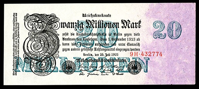 Twenty-million Mark at German Papiermark, by the Reichsbankdirektorium Berlin