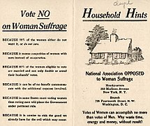 Household hints pamphlet distributed by the National Association Opposed to Women Suffrage (NAOWS). circa 1910
