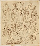 Skarbczyk. Szkice stojących postaci, jeźdźców, sani, głów, ubiorów z XVI i XVII w.