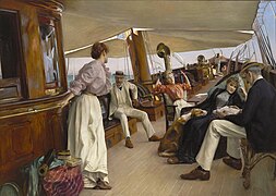 On the Yacht "Namouna", Venice, by Stewart. Bennett is center left, in the white suit. Lillie Langtry is the woman seated, right (1890)