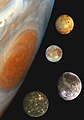 Image 38A composite montage comparing Jupiter (lefthand side) and its four Galilean moons (top to bottom: Io, Europa, Ganymede, Callisto) (from History of physics)