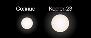 Сравнительные размеры Солнца и Kepler-23.