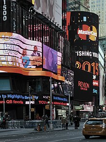 Signs and advertisements at the building's base