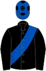 Black, royal blue sash, royal blue cap, black spots