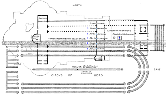 An early interpretation of the relative locations of the circus of Nero, and the medieval and current Basilicas of St. Peter.