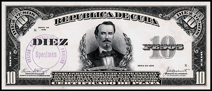 Ten-peso silver certificate from the 1936 series, certified proof obverse, by the Bureau of Engraving and Printing