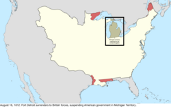 Map of the change to the disputes involving the United States in central North America on August 16, 1812