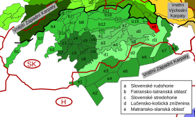 Carte des subdivisions des Carpates occidentales intérieures avec le massif de Čierna hora en rouge.