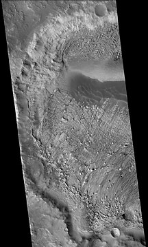 West side of Danielson Crater, as seen by CTX camera (on Mars Reconnaissance Orbiter). Danielson has a great deal of regular layering.