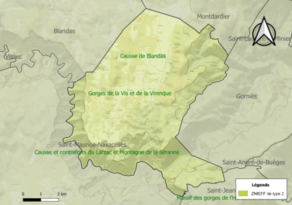 Carte des ZNIEFF de type 2 sur la commune.